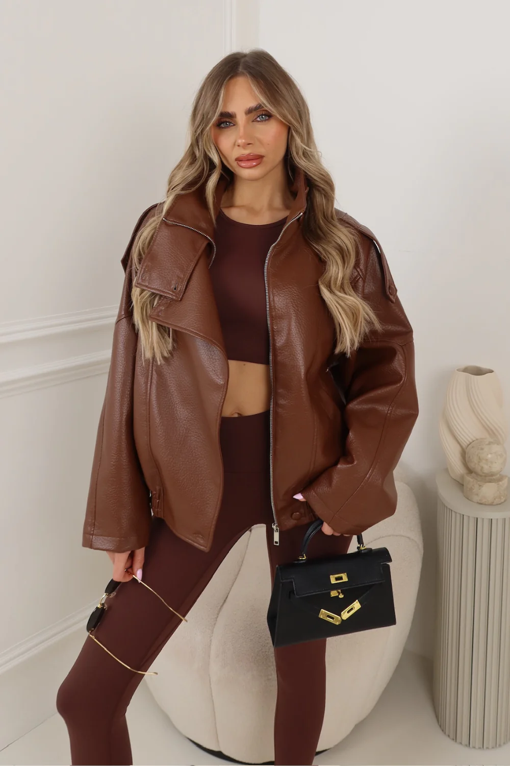 ACE CHOCOLATE FAUX LEATHER HIGH NECK JACKET - Image 7