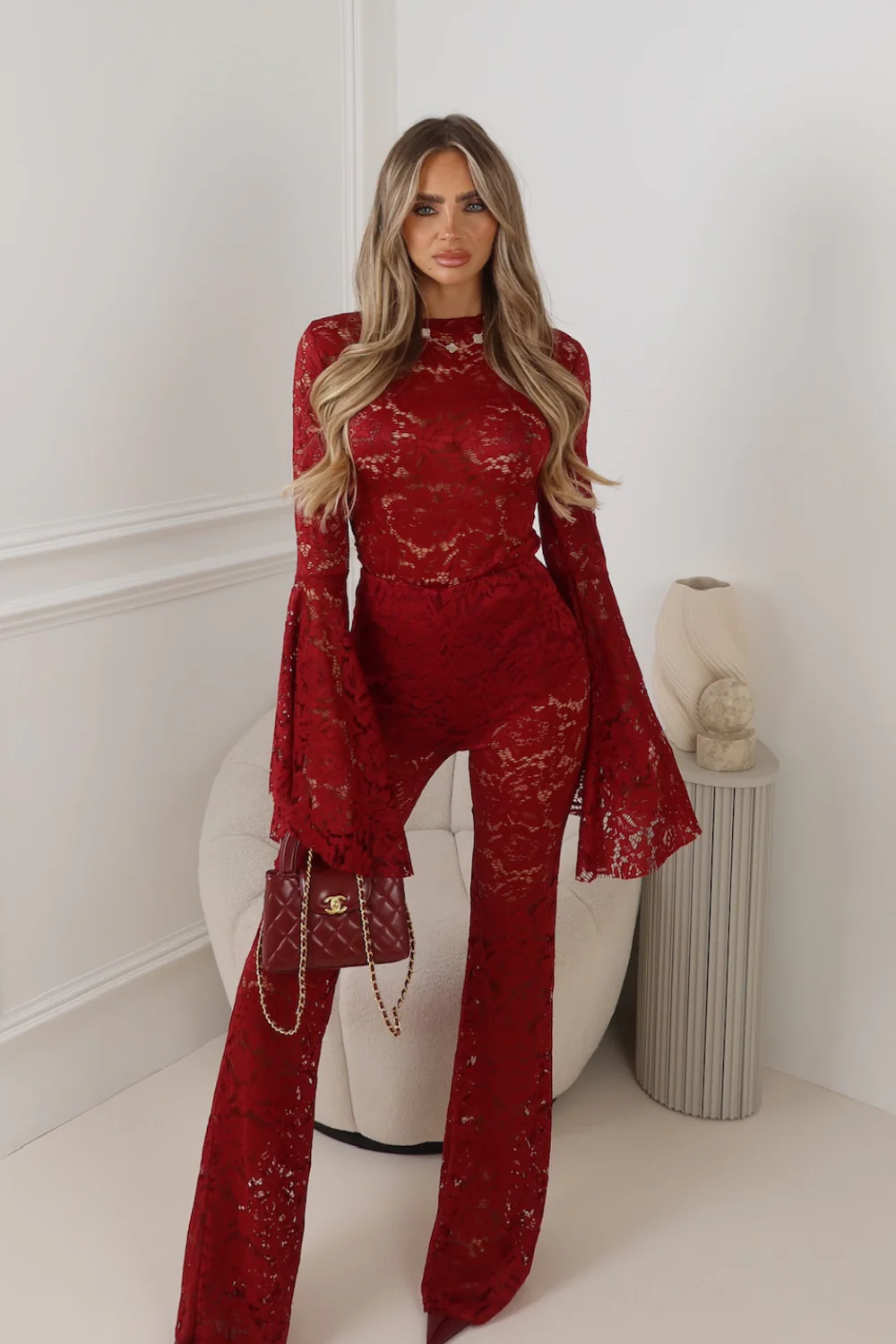 ADEL BURGUNDY LACE RUCHED SIDED LONG SLEEVE TOP