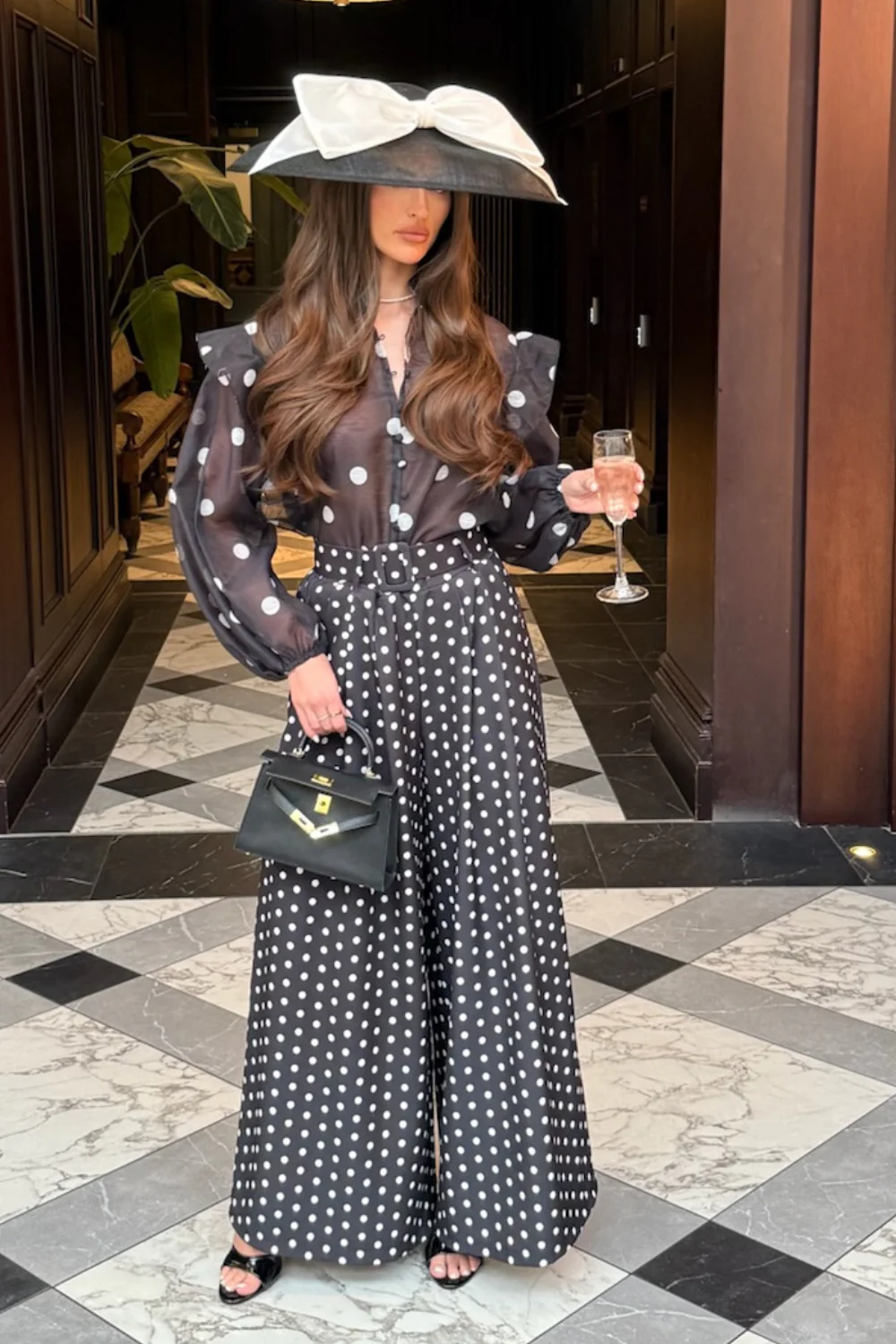ADIBA BLACK POLKA DOT BELTED STRAIGHT LEG TROUSERS