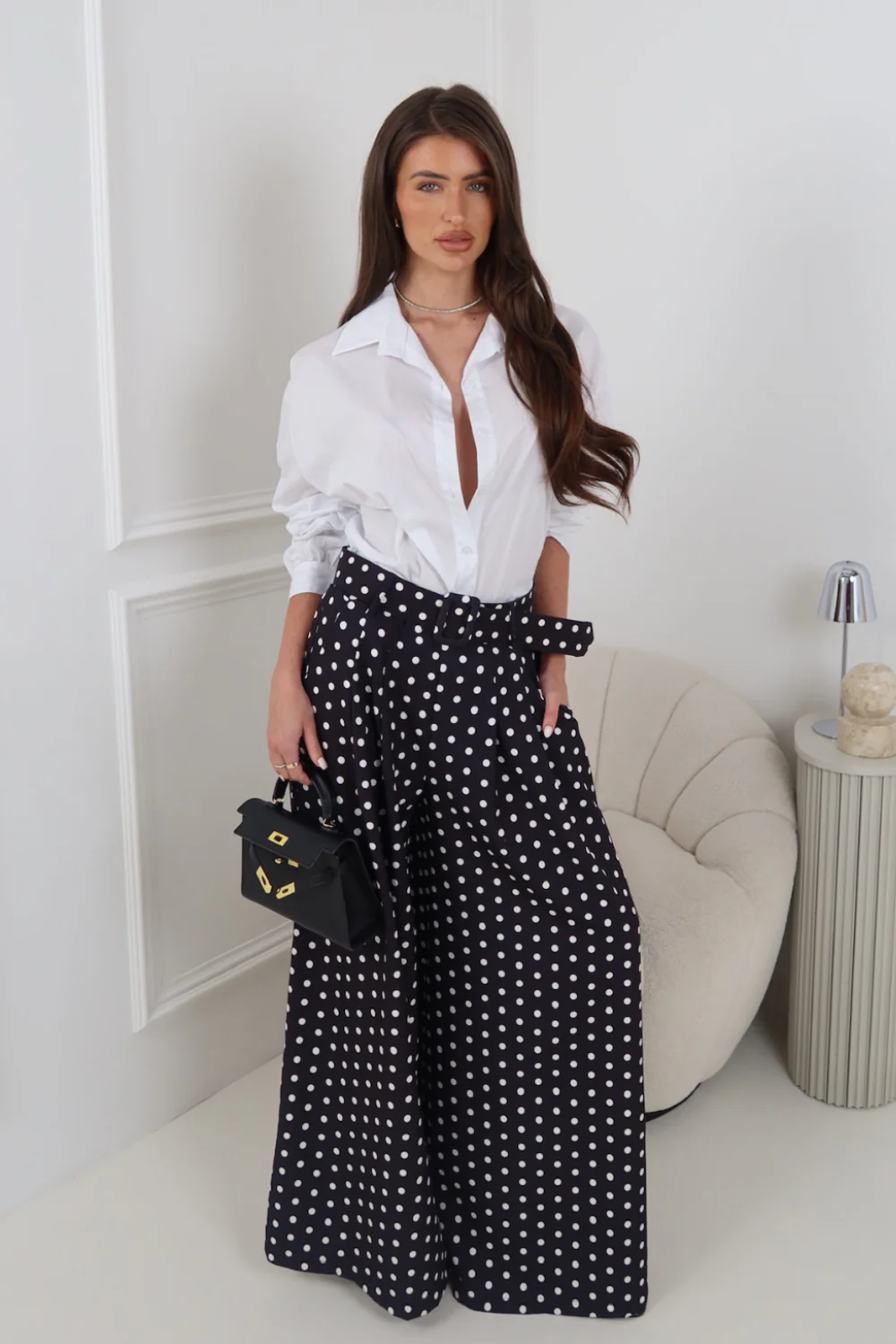 ADIBA BLACK POLKA DOT BELTED STRAIGHT LEG TROUSERS - Image 5