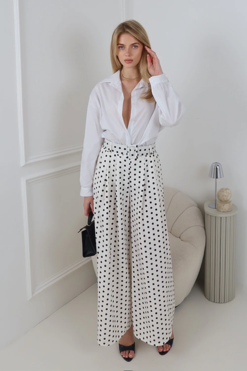 ADIBA WHITE POLKA DOT BELTED STRAIGHT LEG TROUSERS