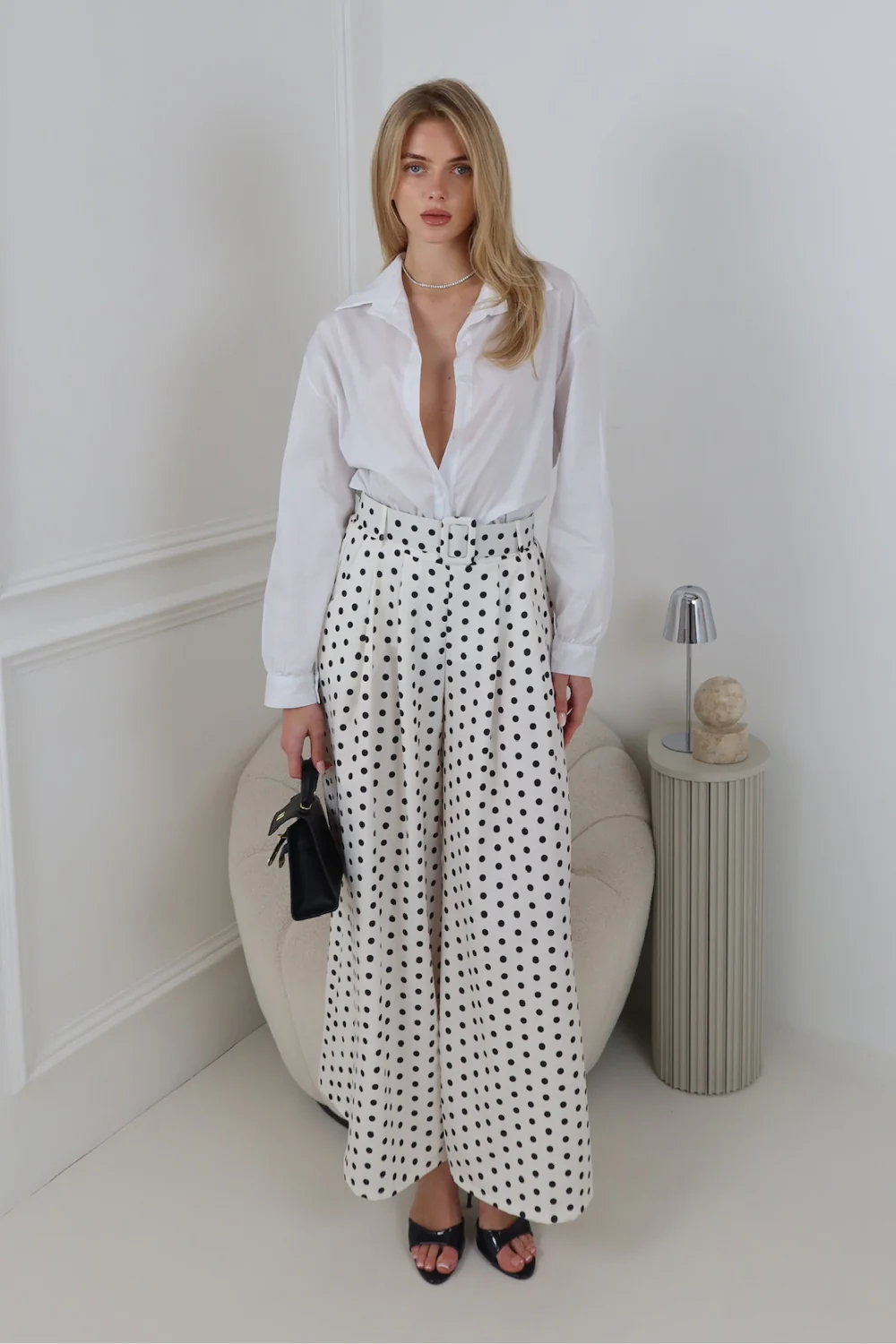 ADIBA WHITE POLKA DOT BELTED STRAIGHT LEG TROUSERS - Image 2