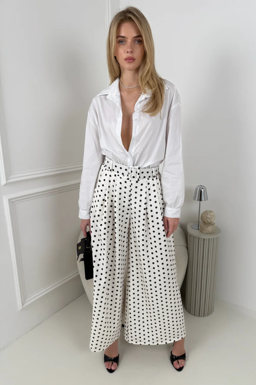 ADIBA WHITE POLKA DOT BELTED STRAIGHT LEG TROUSERS - Image 4
