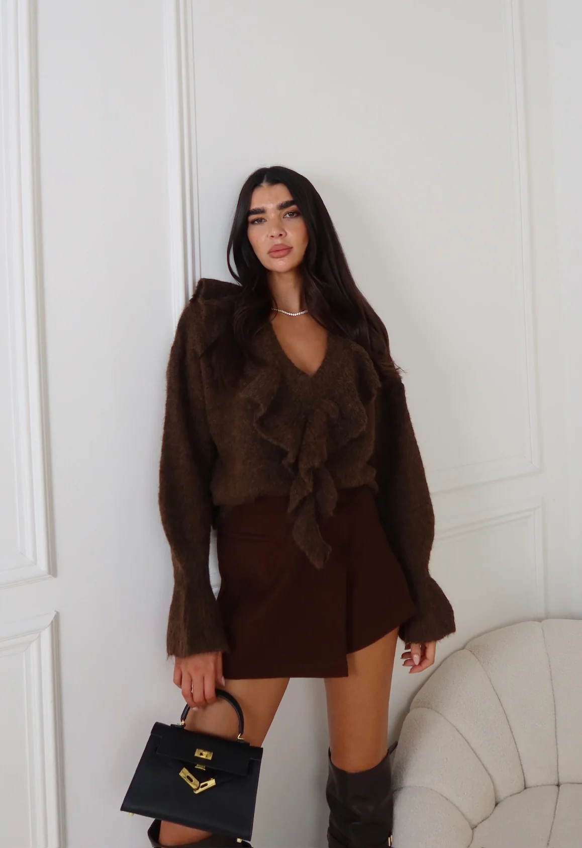 AIDA CHOCOLATE KNITTTED FRILLED JUMPER
