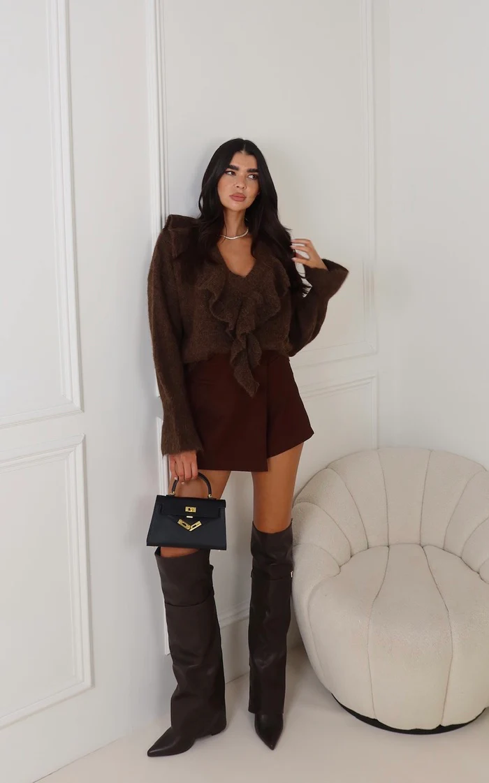 AIDA CHOCOLATE KNITTTED FRILLED JUMPER - Image 2