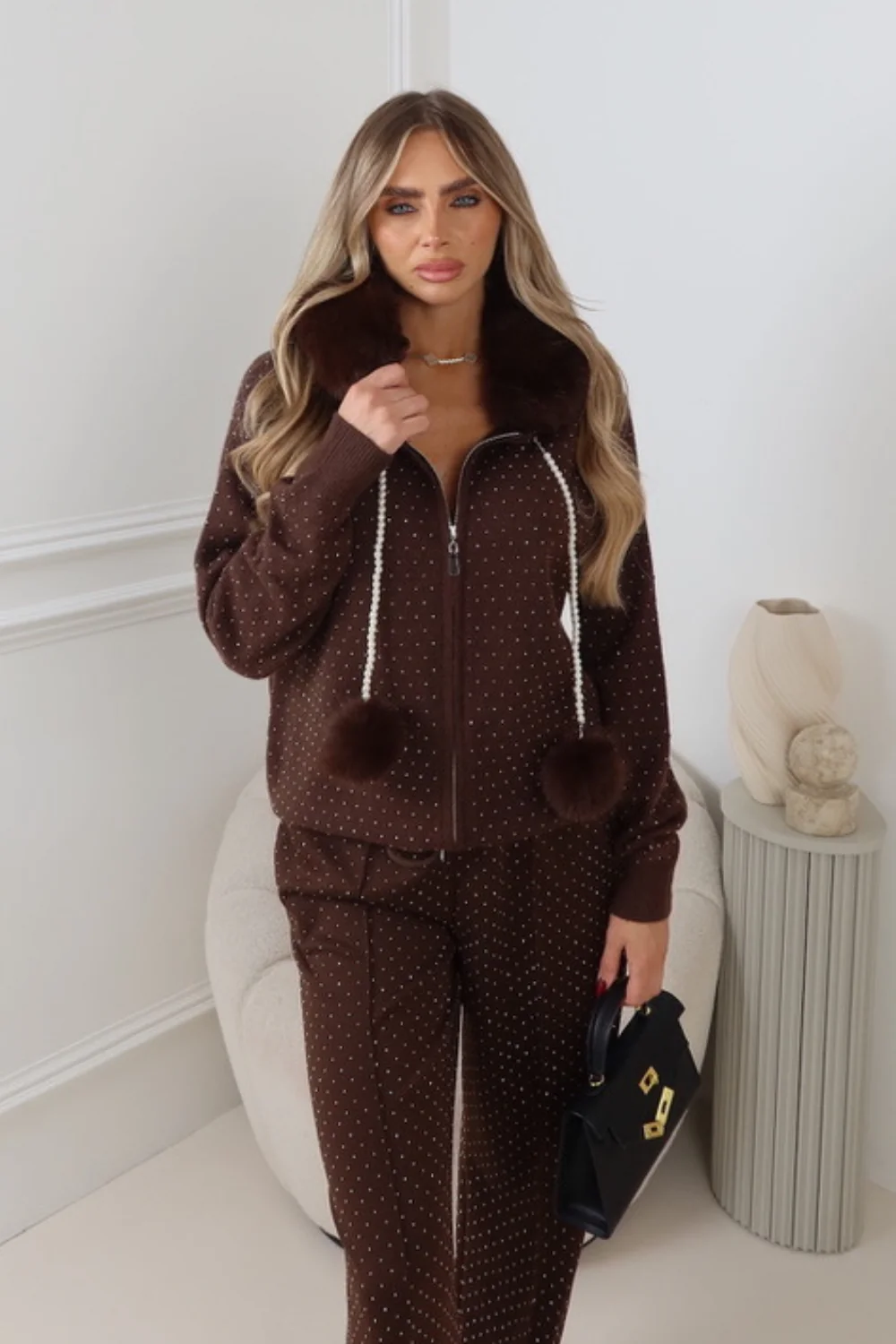 ALAI CHOCOLATE DIAMANTE KNITTED FAUX FUR HOODED ZIP JACKET - Image 2