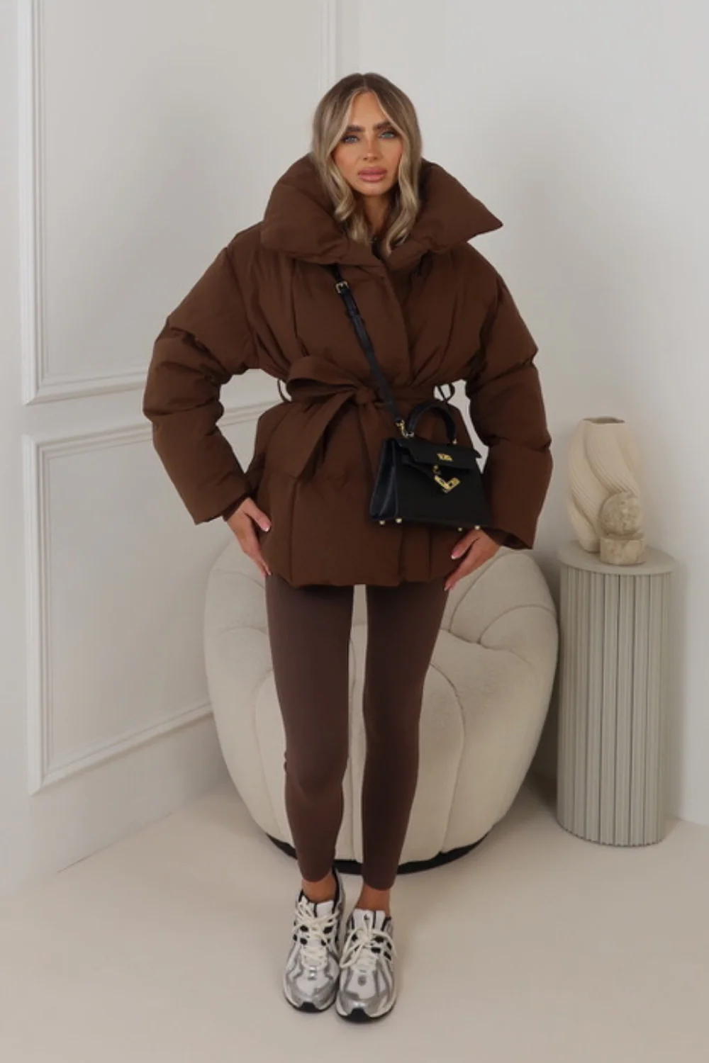 Alaska chocolate brown short padded duvet button up coat - Image 2