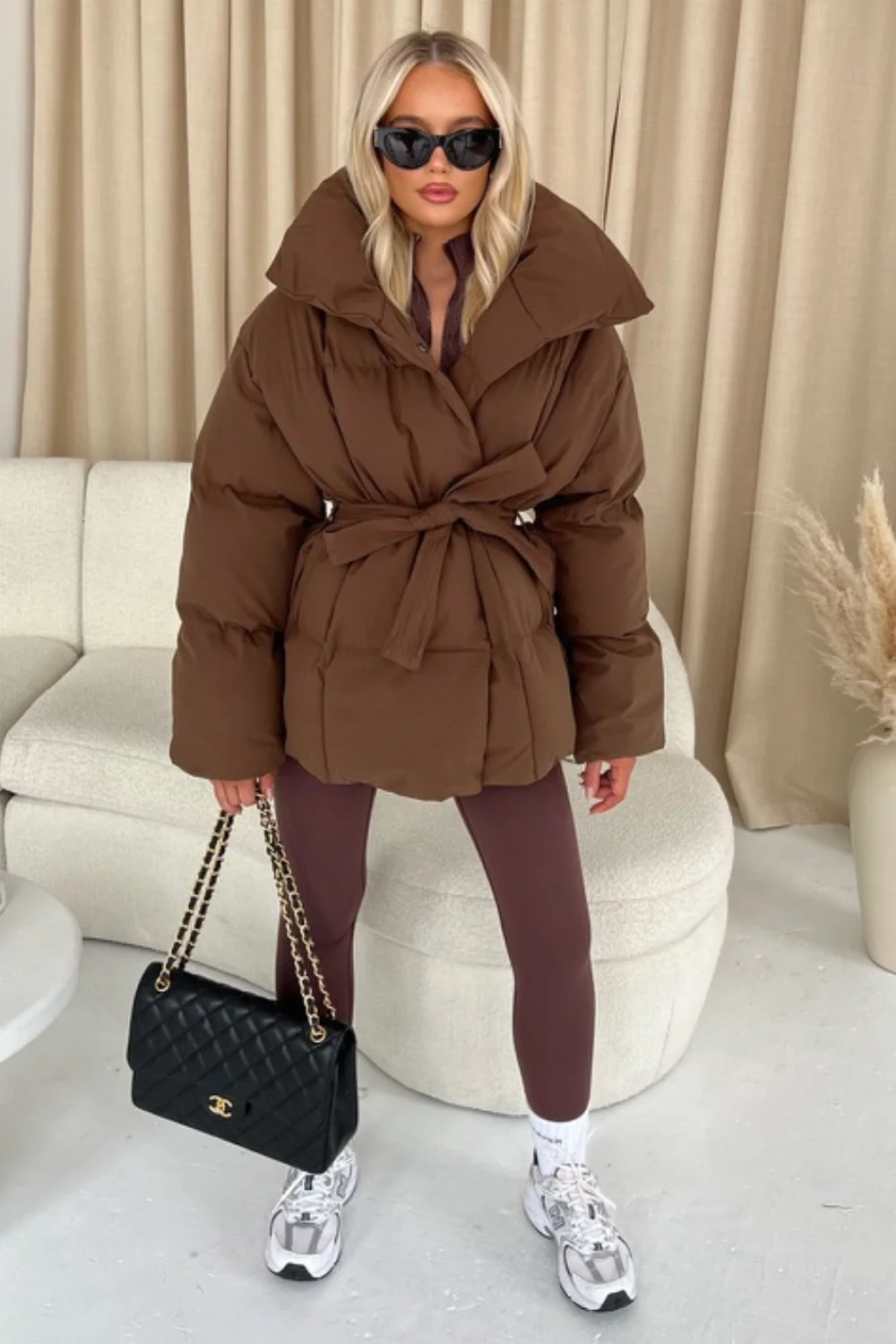Alaska chocolate brown short padded duvet button up coat - Image 4