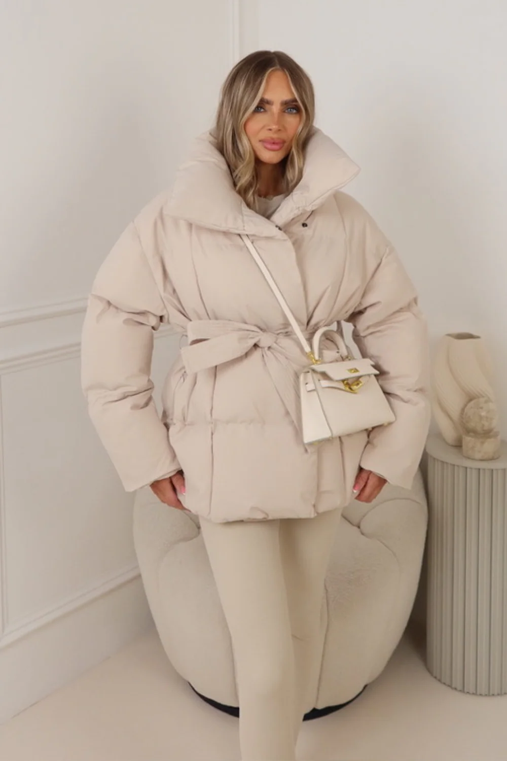 Alaska cream short padded duvet button up coat - Image 3