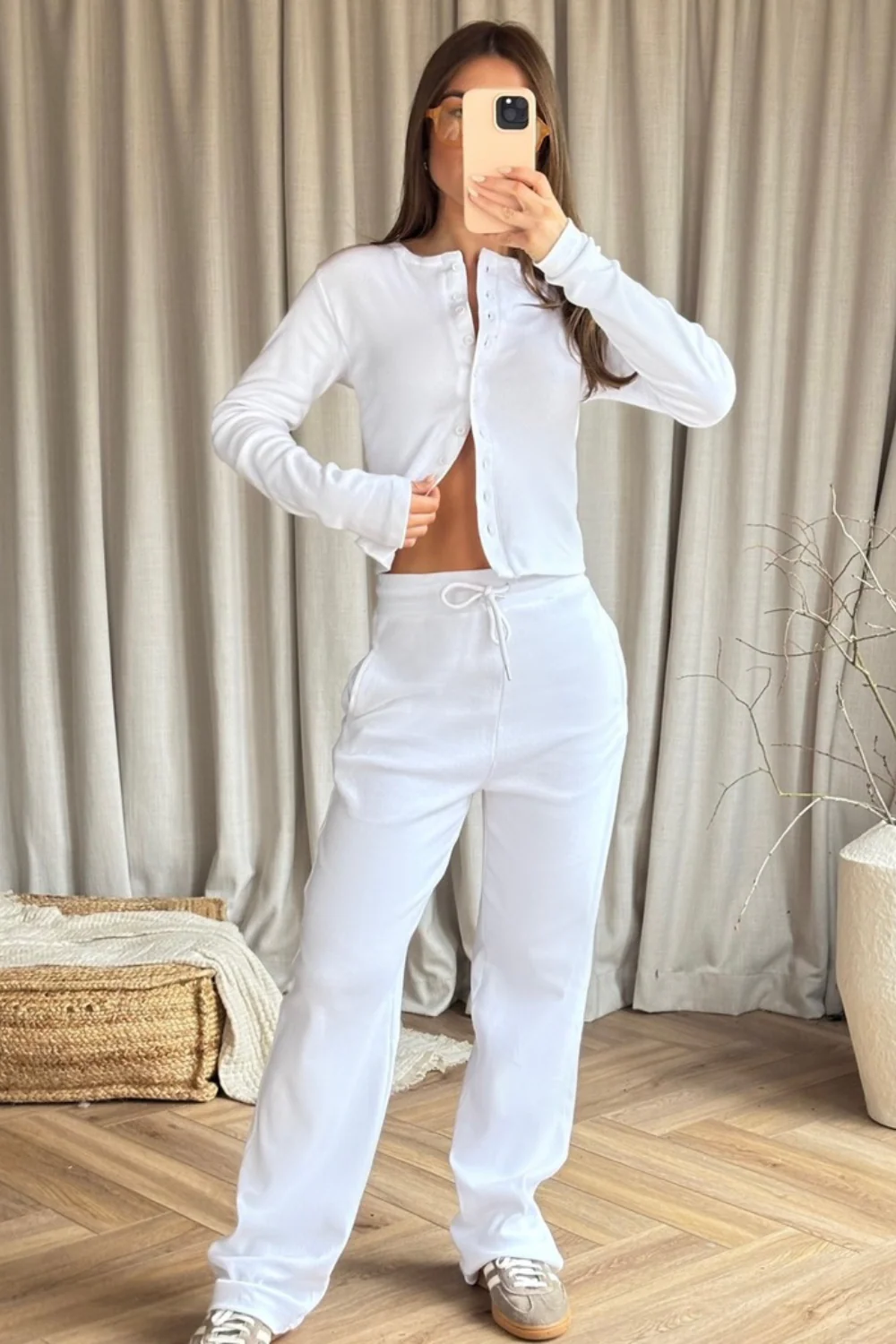 Alba white ribbed button through top & wide leg trousers