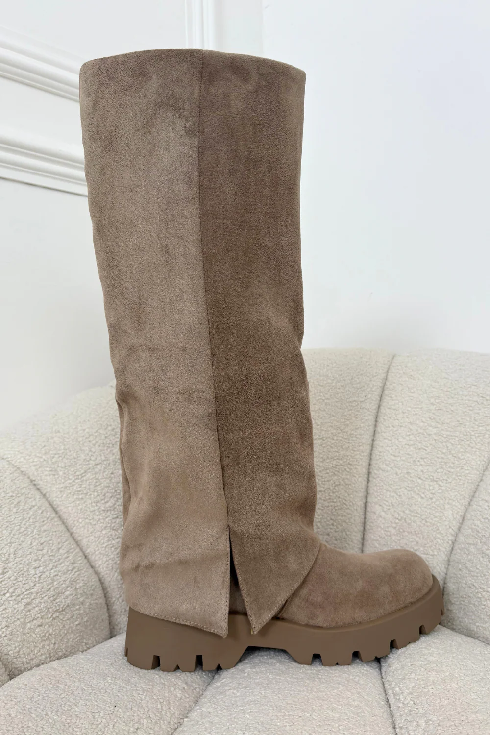 Alivia beige faux suede knee high flat boots - Image 3
