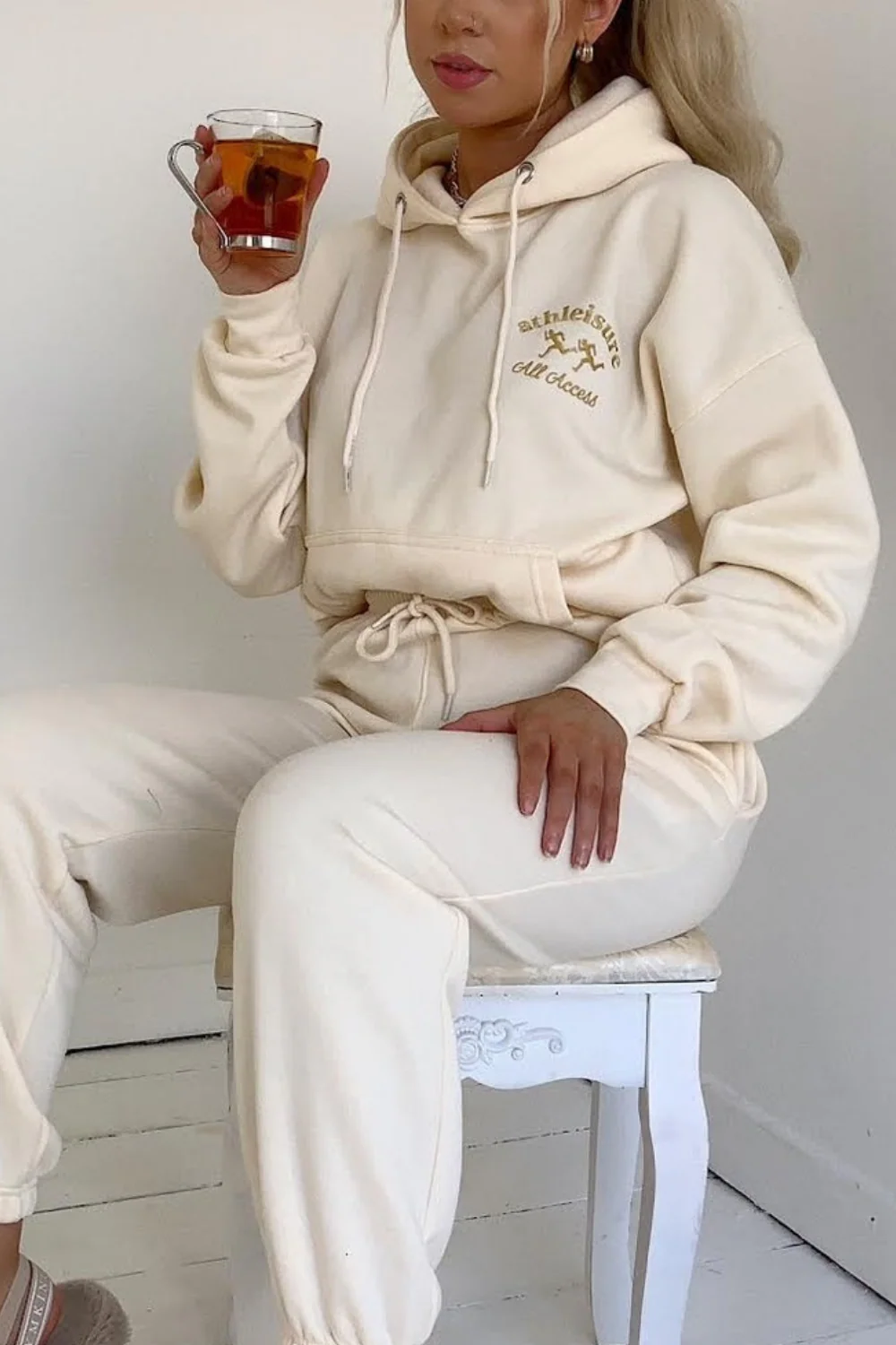 all access embroidered ecru hooded loungewear set - Image 2