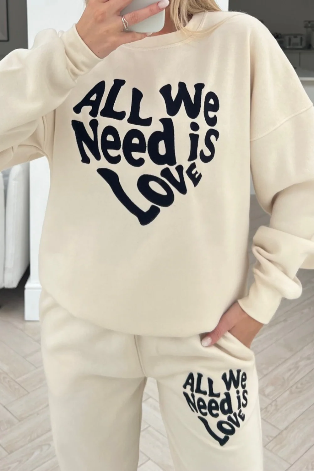 All we need is love ecru embroidered jogger sweater loungewear set - Image 3