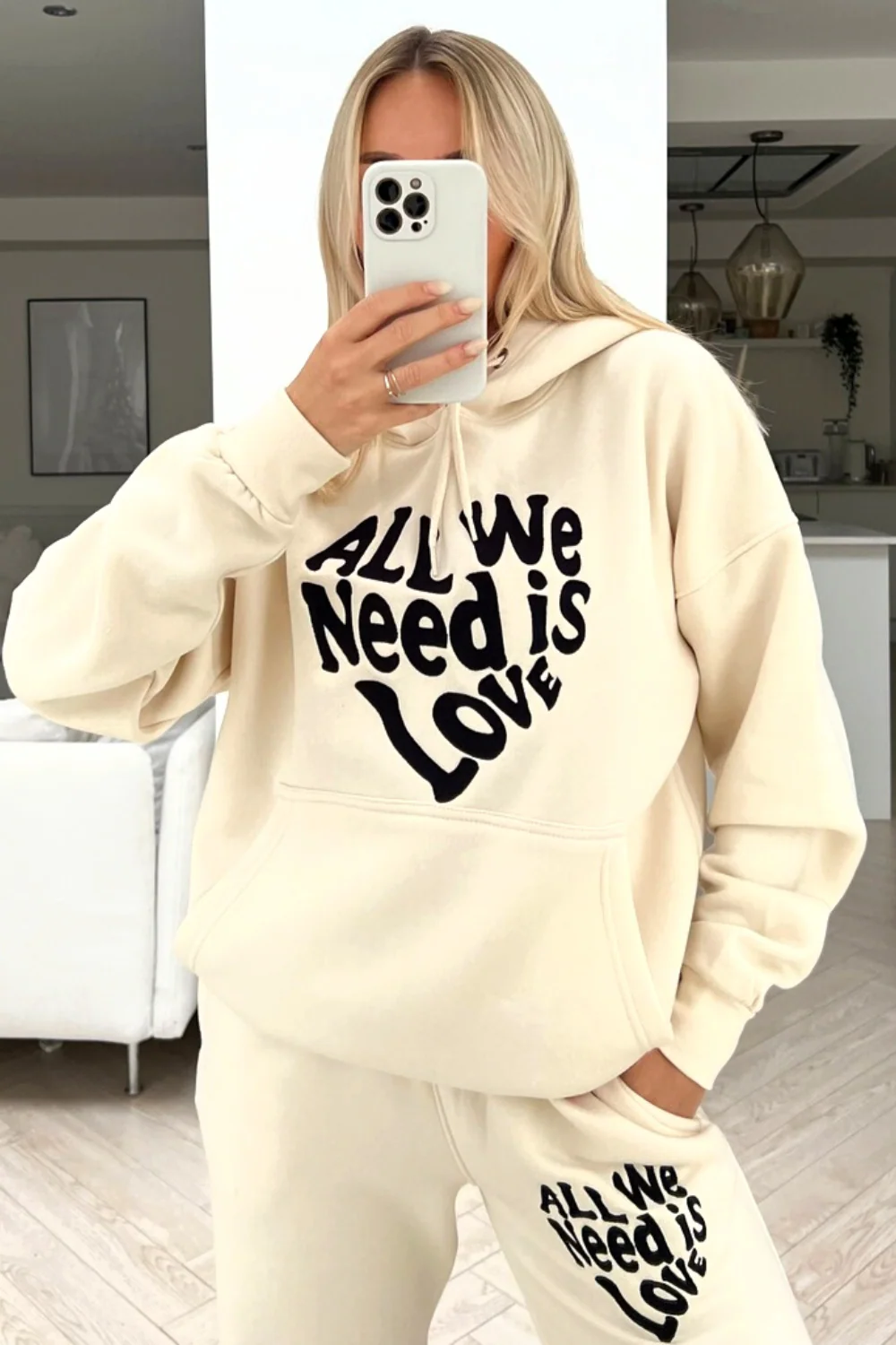 All you need is love ecru embroidered hooded loungewear set - Image 2