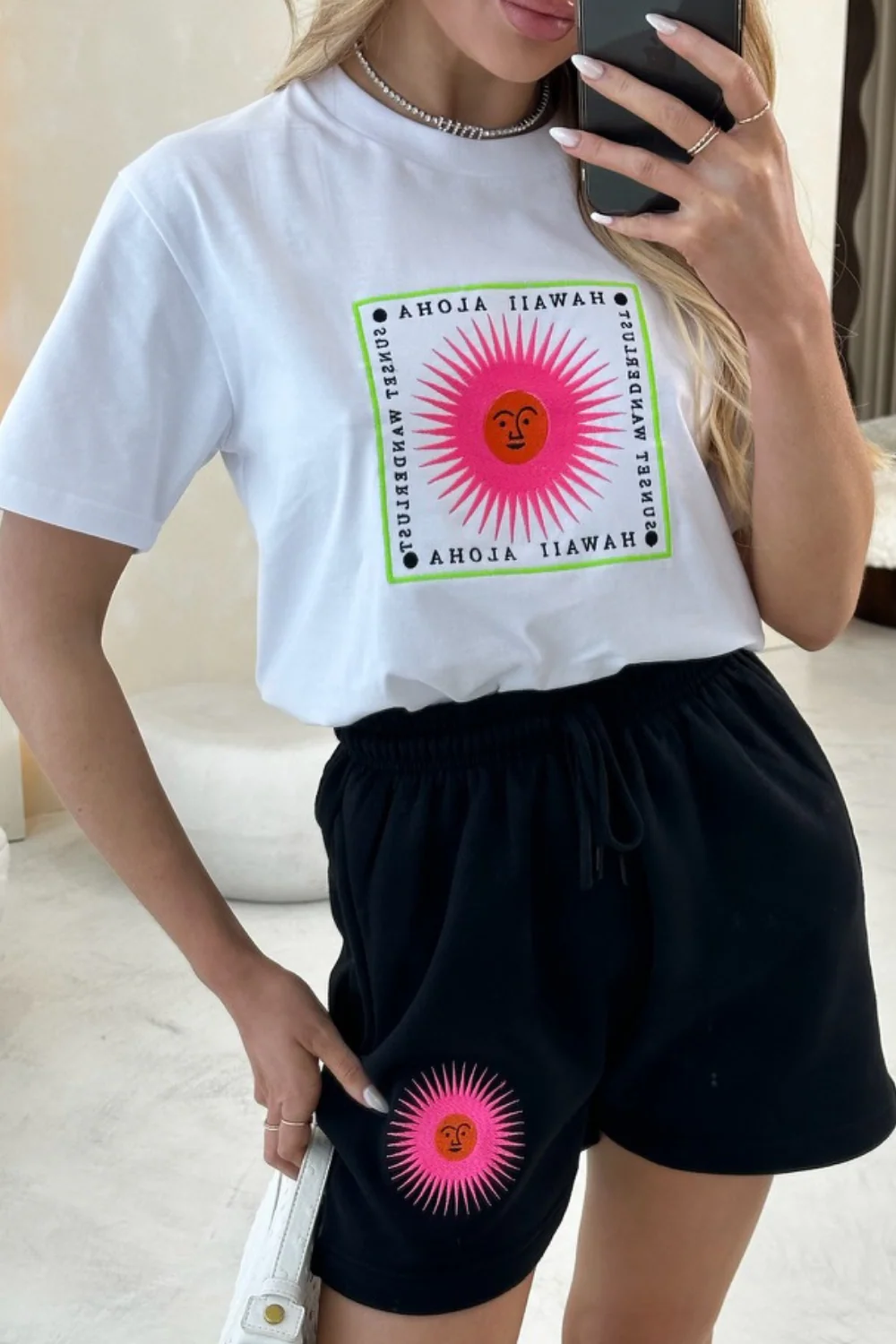 Aloha black embroidered premium t-shirt and shorts - Image 2