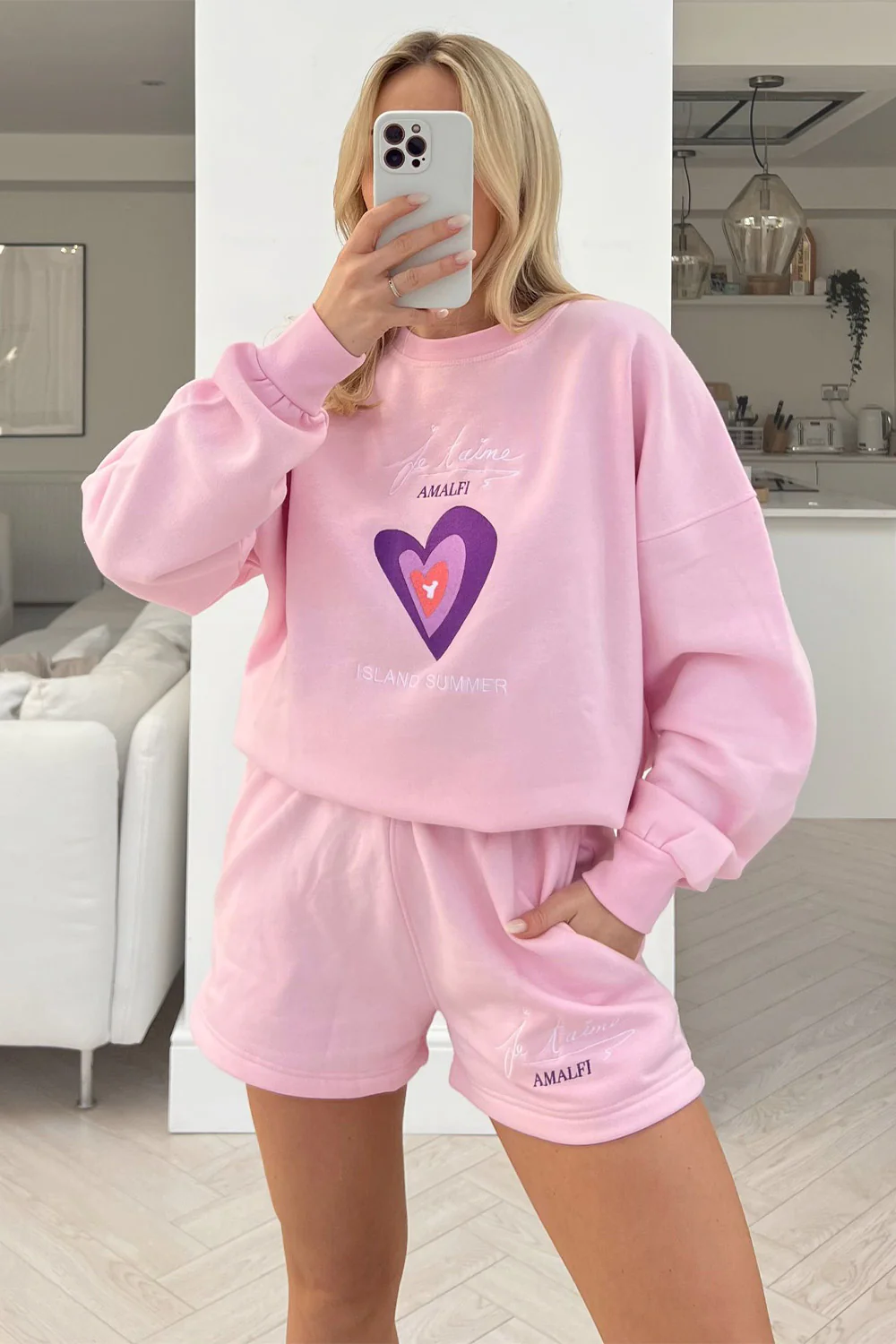 Amalfi Baby Pink Sweater Embroidered short loungewear set - Image 3