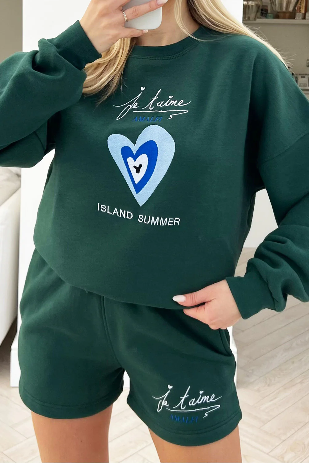 Amalfi Forest Green Sweater Embroidered short loungewear set - Image 2