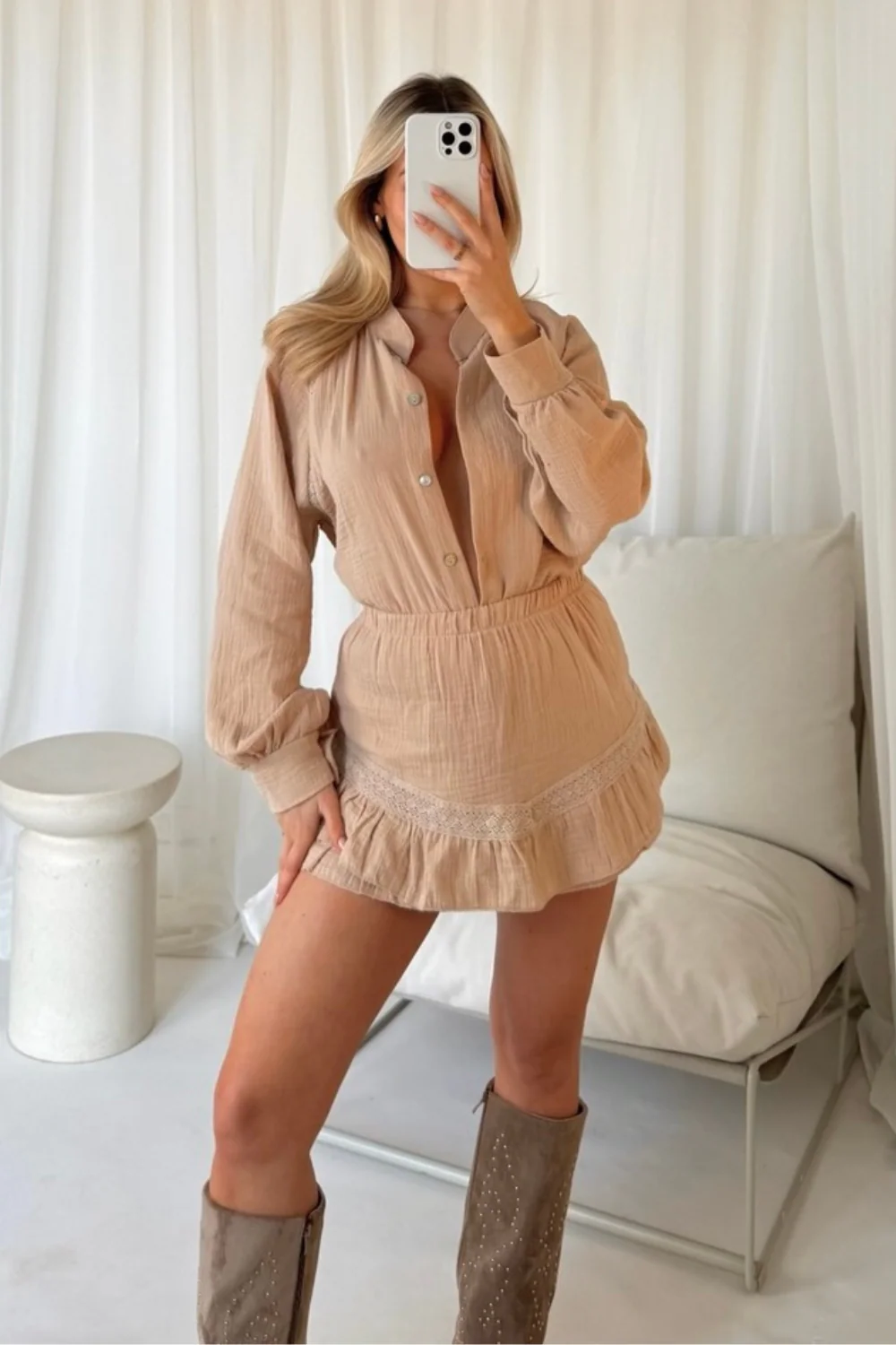 AMANDA BEIGE CHEESECLOTH LINEN SHIRT AND SKORT CO ORD TWO PIECE SET - Image 3