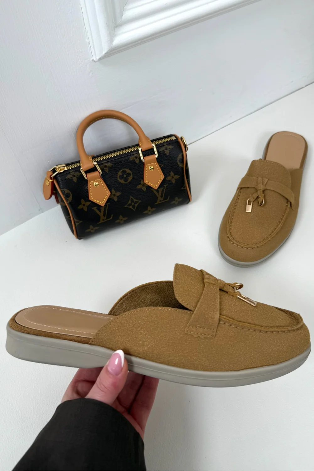 AMELIA CAMEL FAUX SUEDE GOLD TASSLE MULE