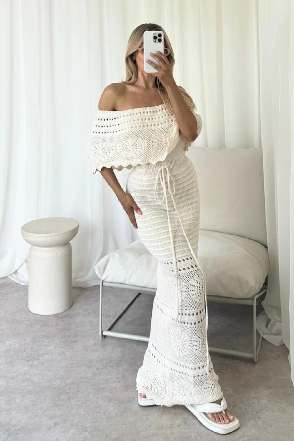Amie beige crochet off shoulder maxi dress - Image 2