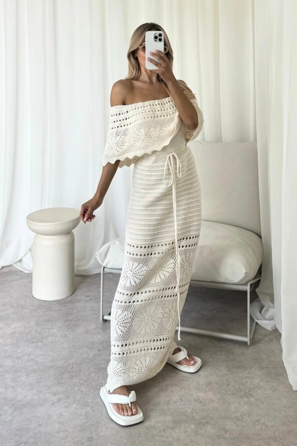 Amie beige crochet off shoulder maxi dress - Image 4