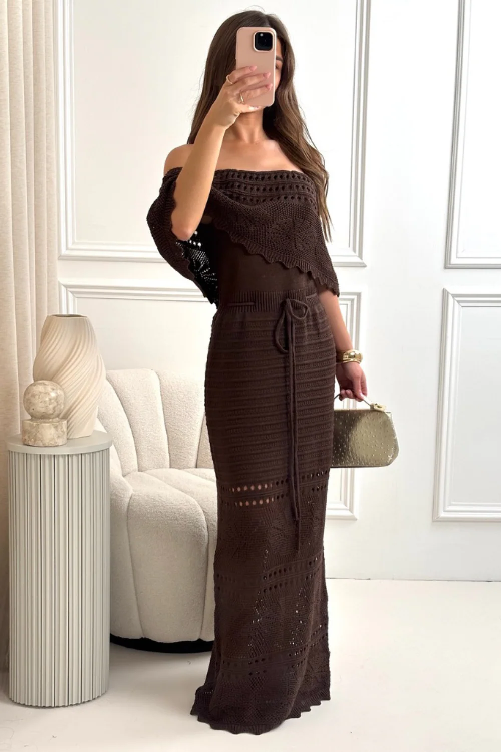 Amie chocolate brown crochet off shoulder maxi dress