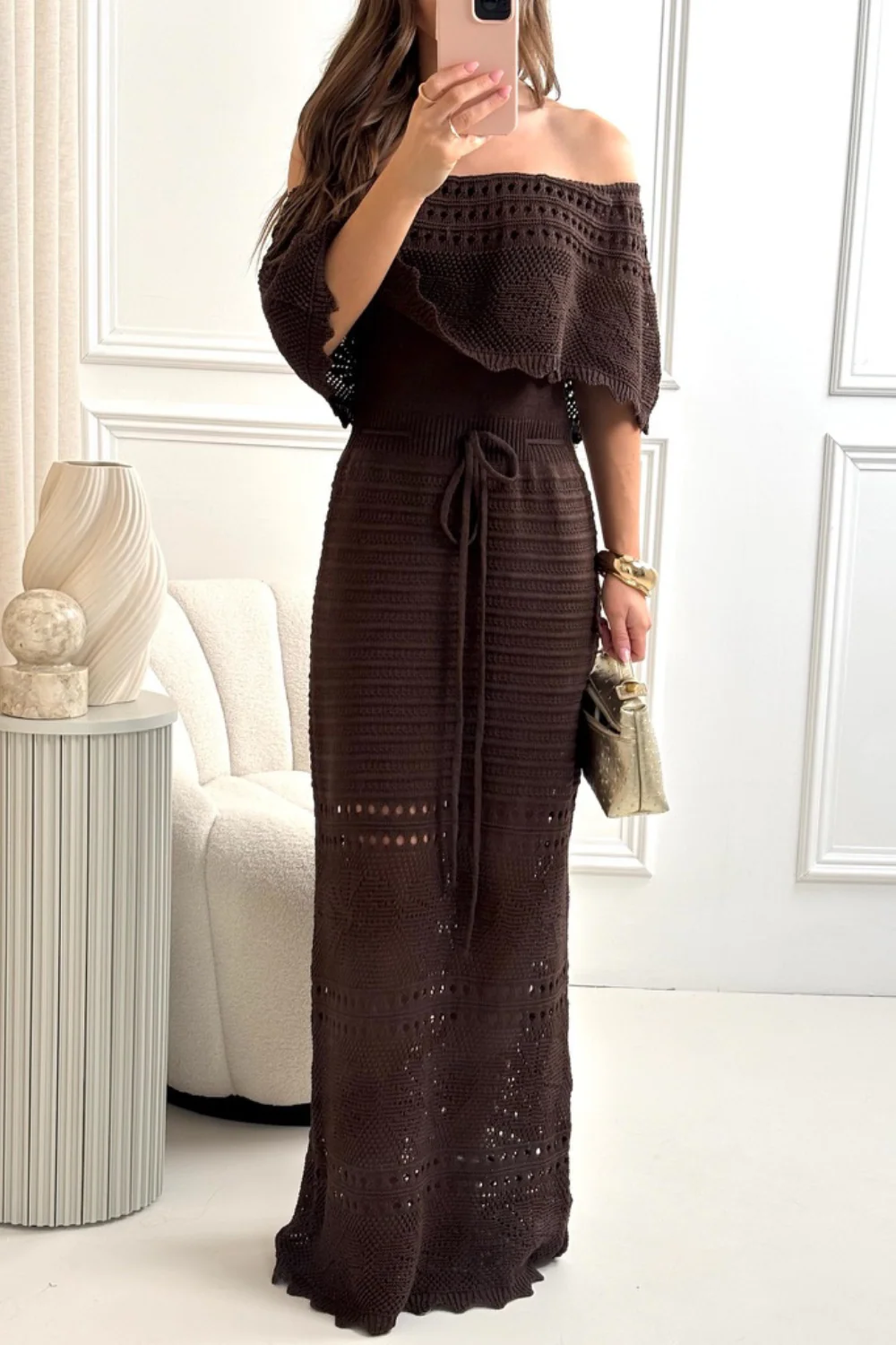 Amie chocolate brown crochet off shoulder maxi dress - Image 2