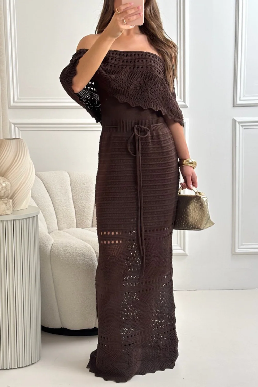 Amie chocolate brown crochet off shoulder maxi dress - Image 3