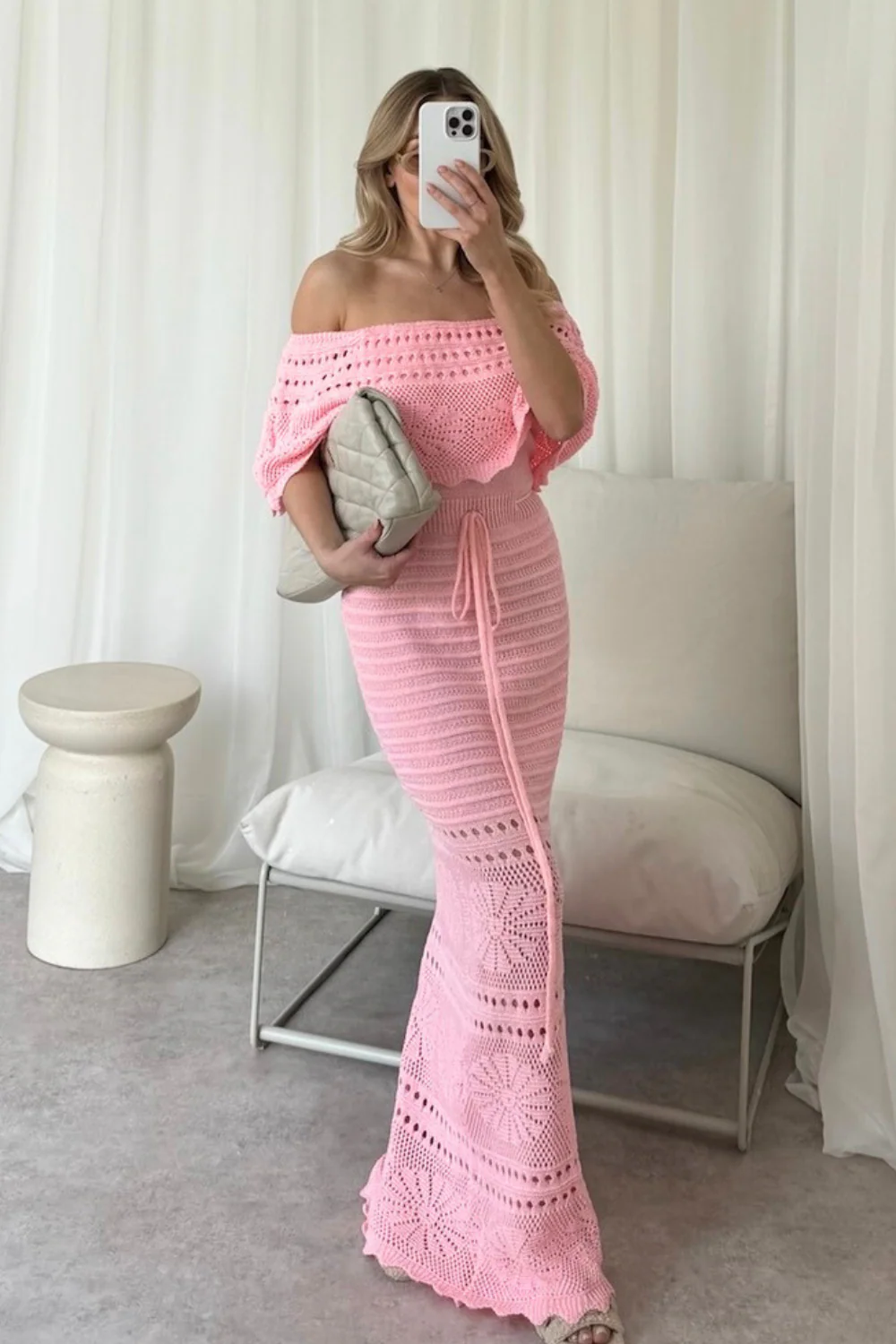 Amie pink crochet off shoulder maxi dress - Image 3