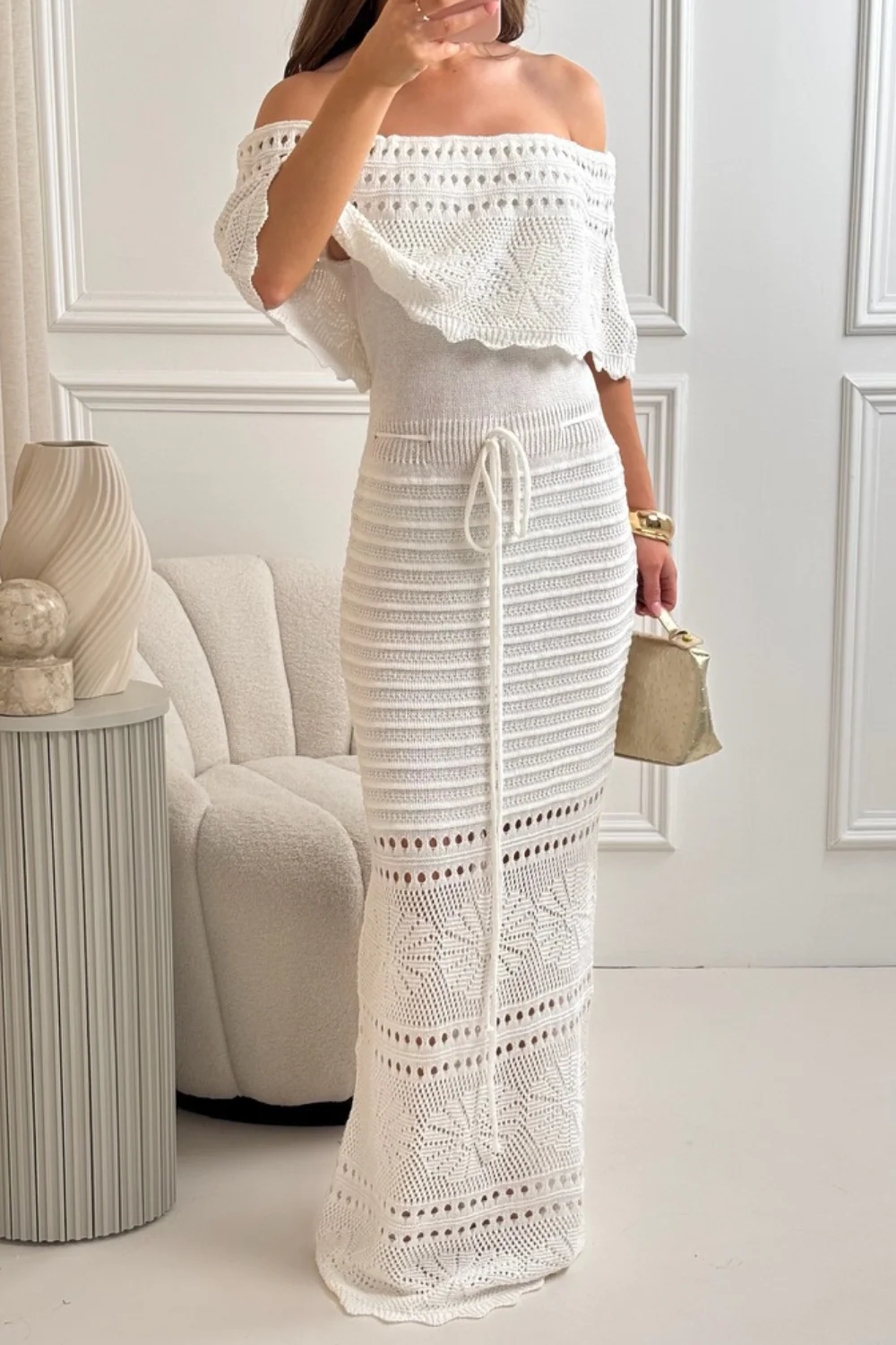 Amie white crochet off shoulder maxi dress - Image 2