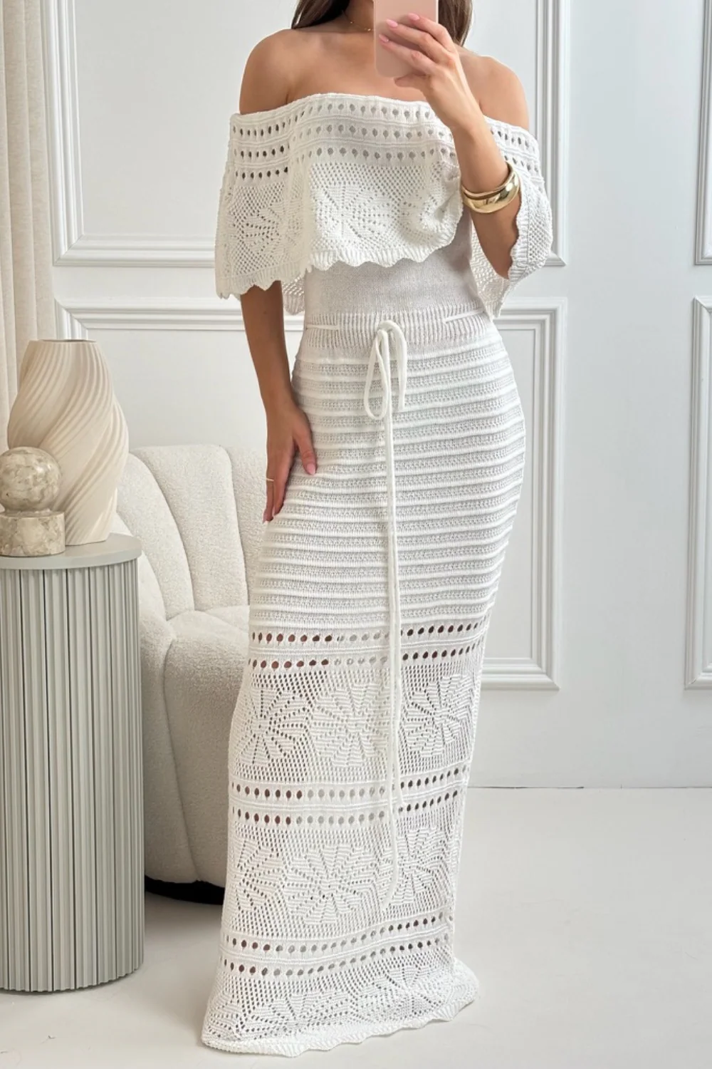 Amie white crochet off shoulder maxi dress - Image 3