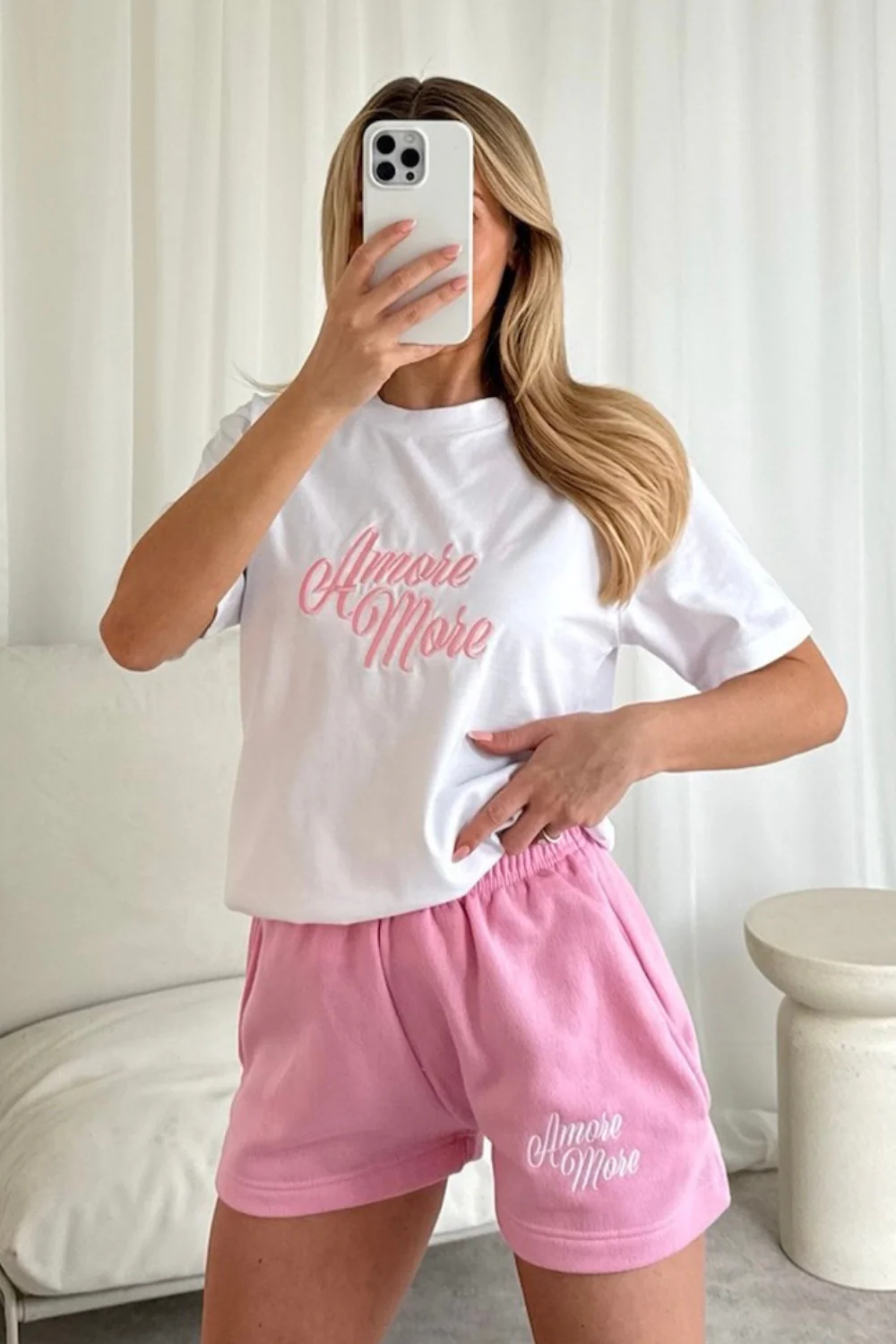 Amore more pink embroidered premium t-shirt shorts co-ord - Image 2