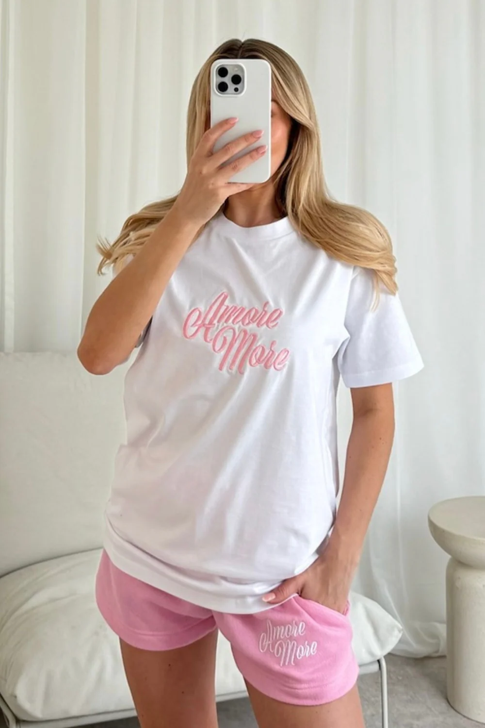 Amore more pink embroidered premium t-shirt shorts co-ord - Image 3