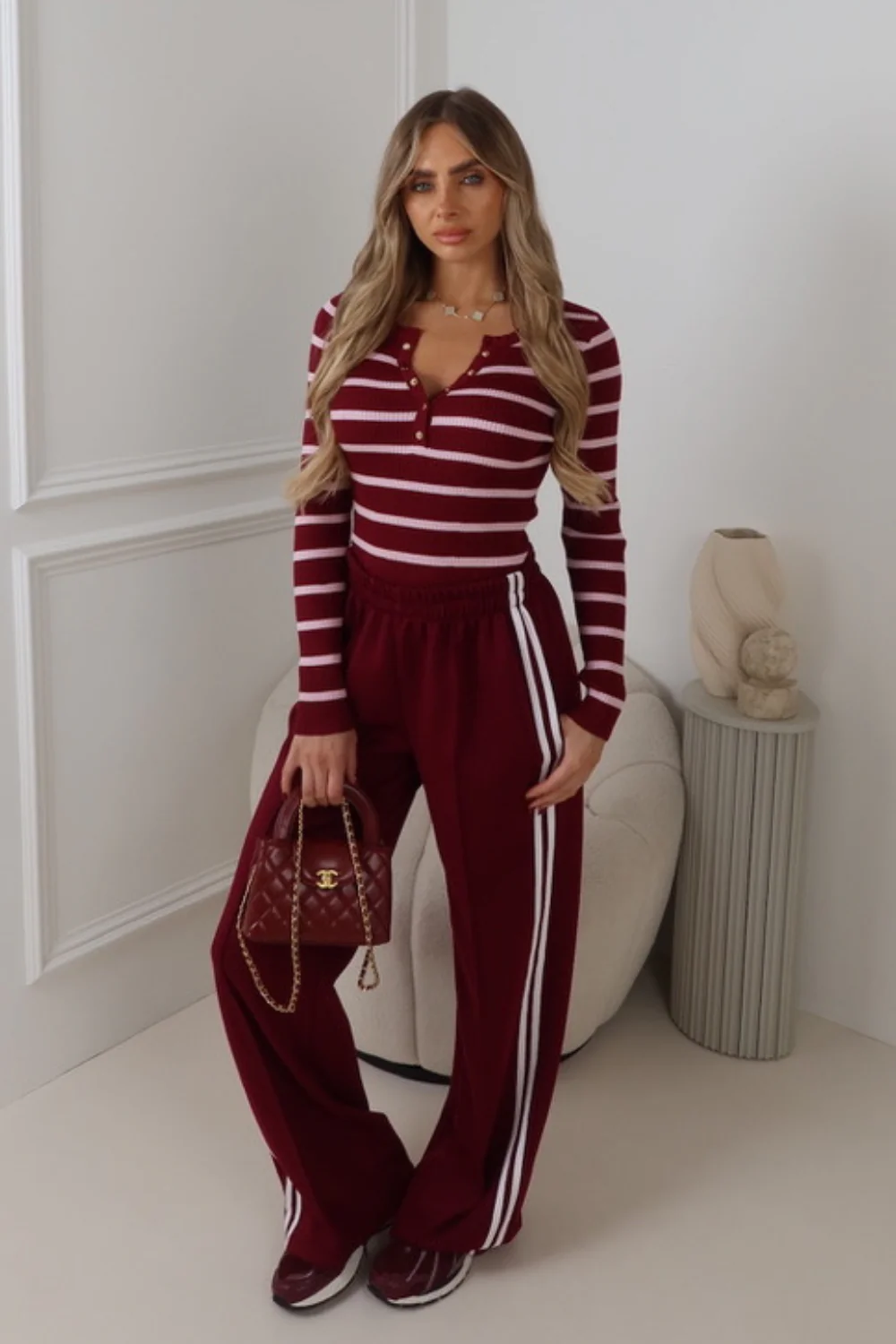 ANAIS BURGUNDY STRIPED RIBBED BUTTON UP LONG SLEEVE TOP - Image 2