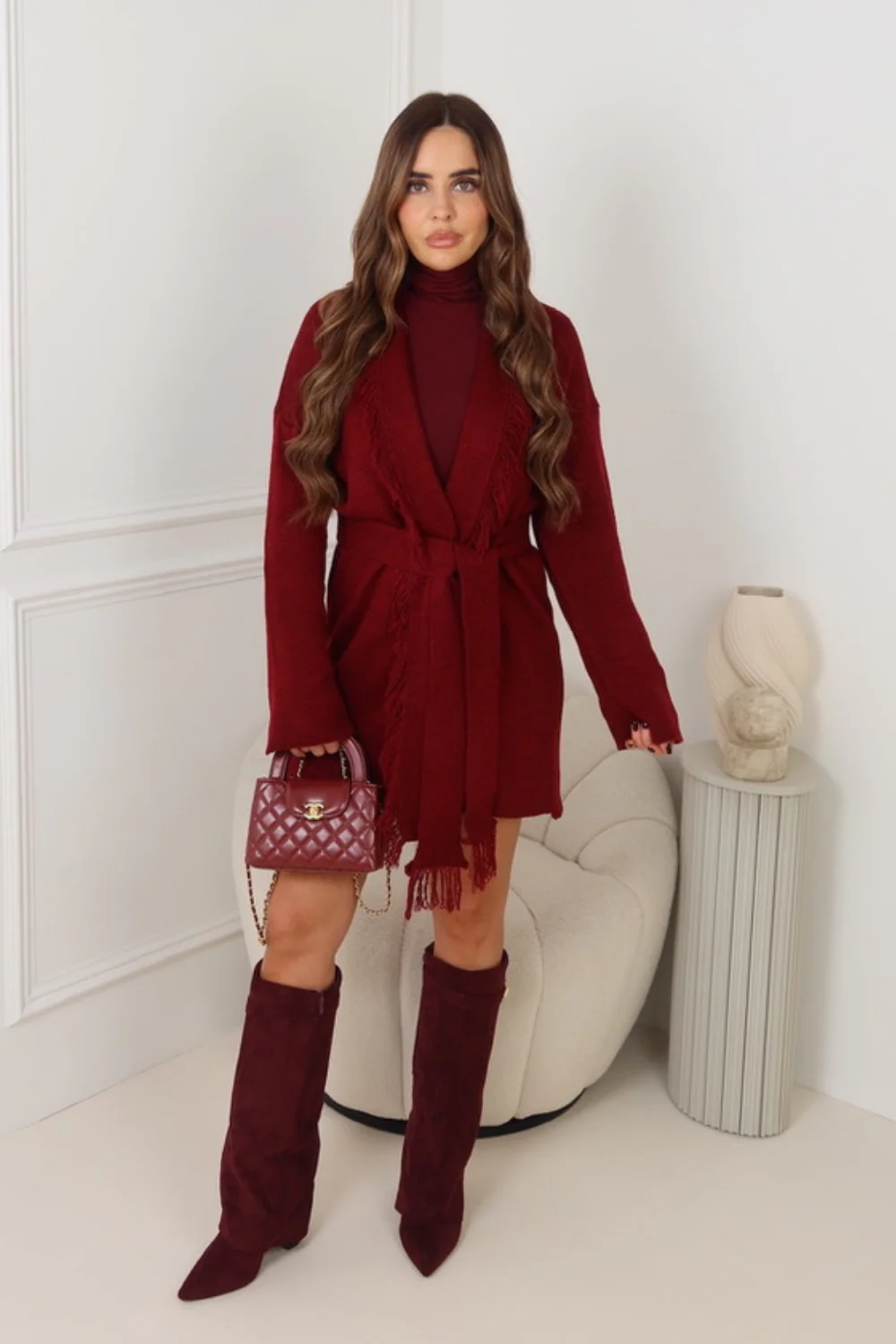 ANGELINA BURGUNDY FRINGED CARDIGAN - Image 2