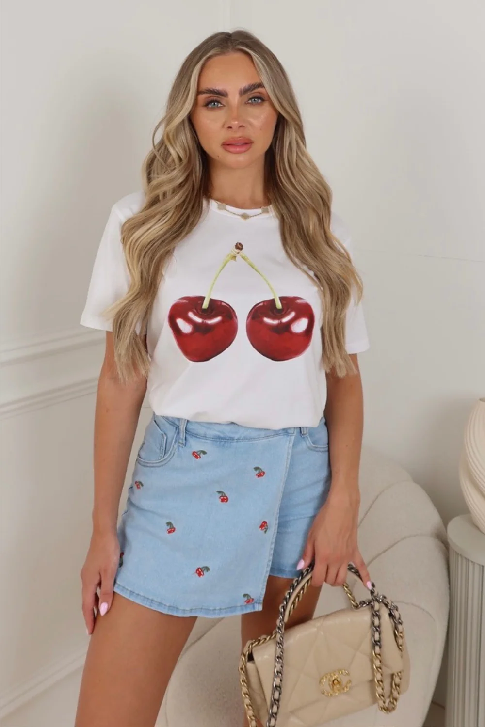 Anna blue cherry wrap denim skort