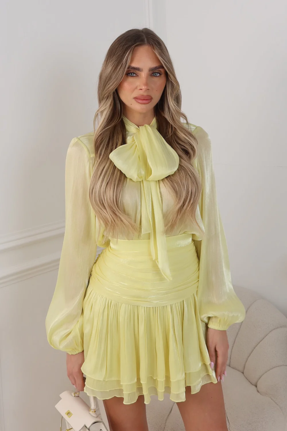 ANNA LEMON NECK TIE TOP AND RUFFLED SKIRT CO ORD TWO PIECE SET