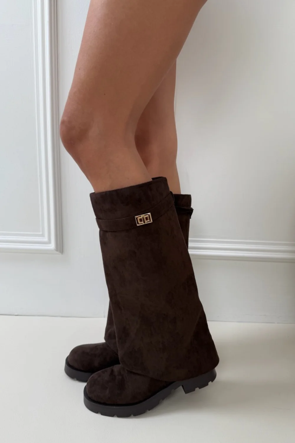 ANTONIA CHOCOLATE FAUX SUEDE FLAT FOLD OVER STRAPPED BOOTS - Image 2