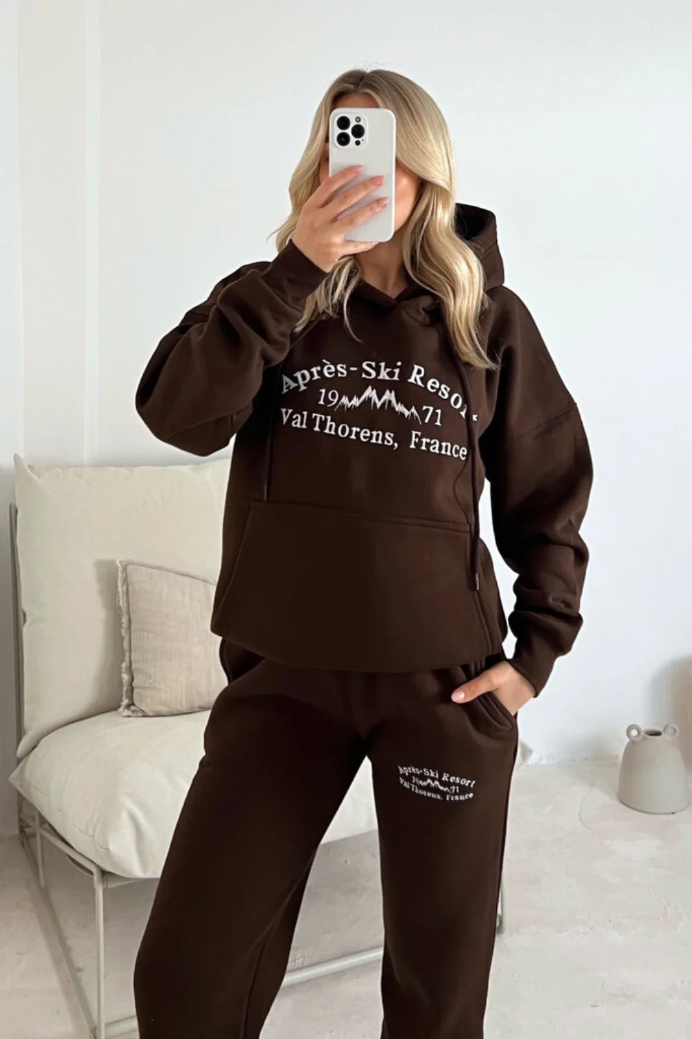 Apres Ski chocolate brown embroidered hoodie joggers loungewear - Image 2