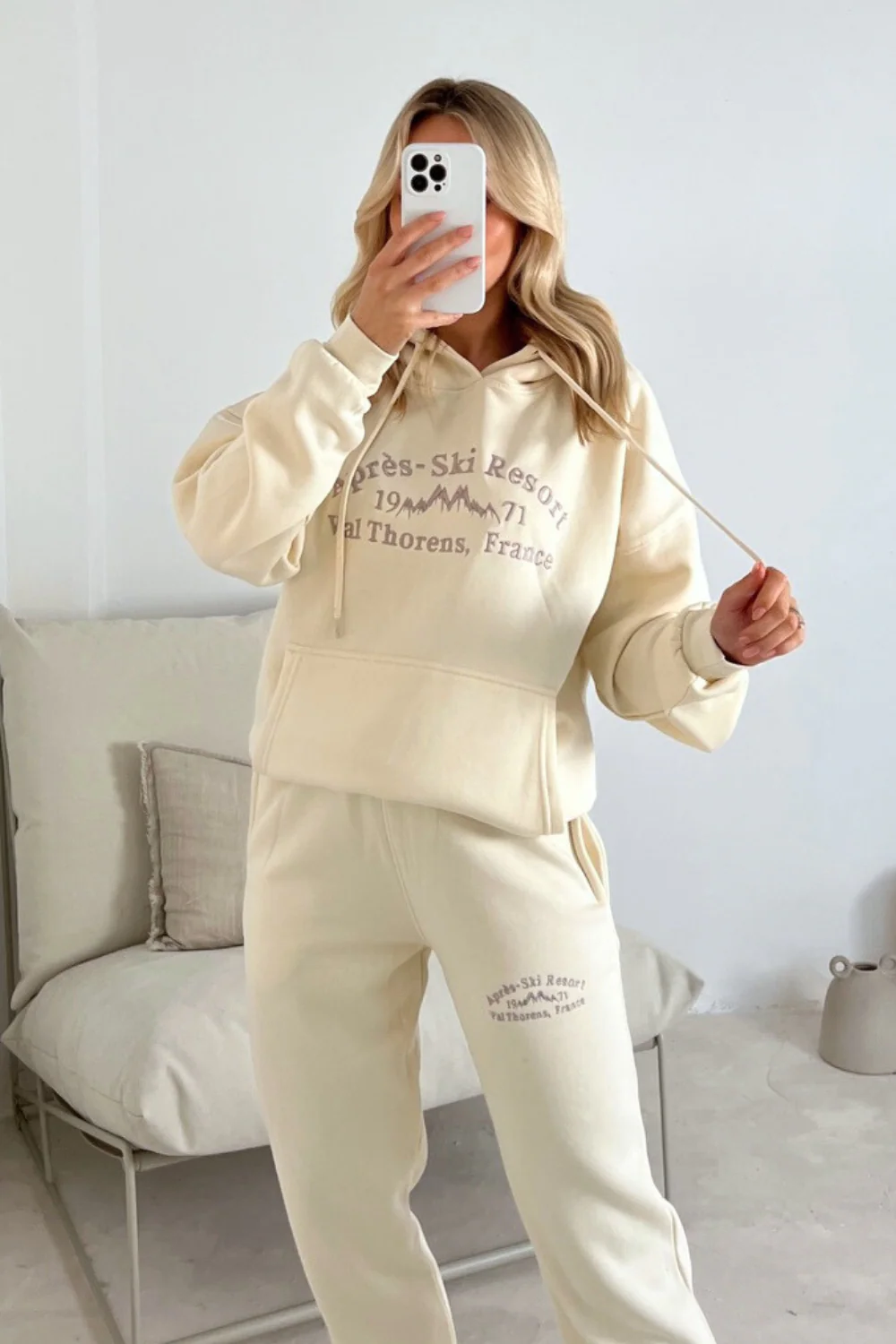 Apres Ski ecru with beige embroidered hoodie joggers loungewear - Image 3
