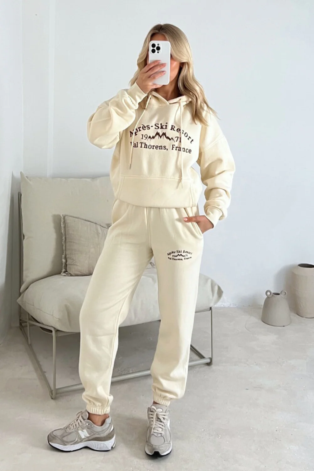 Apres Ski ecru with brown embroidered hoodie joggers loungewear - Image 3
