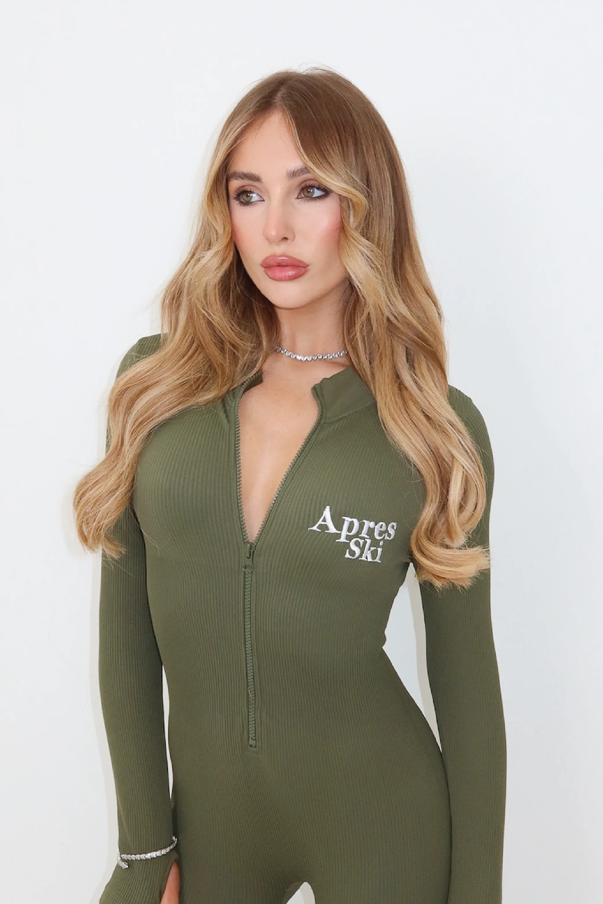 Apres ski khaki embroidered ribbed unitard - Image 2