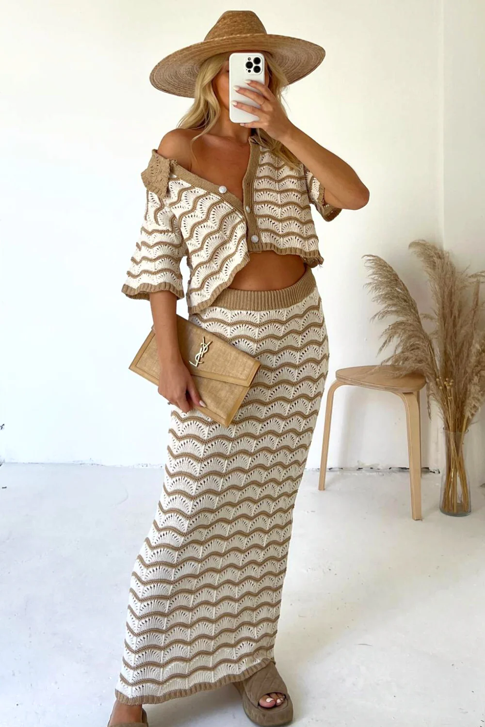 Arabella beige & white crochet cardigan skirt co-ord - Image 5