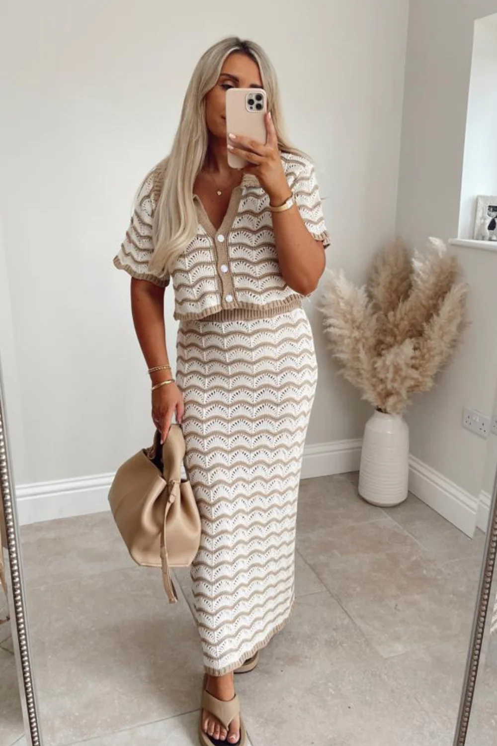 Arabella beige & white crochet cardigan skirt co-ord - Image 8