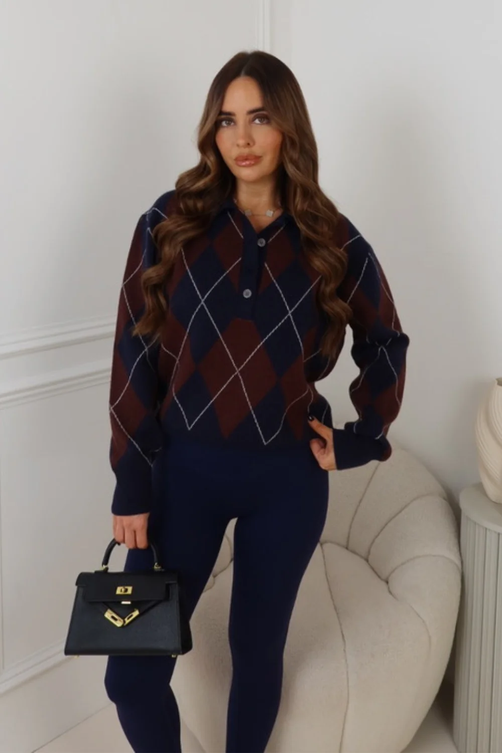 ARCHI CHOCOLATE CHECKERED BUTTONED UP COLLARED LONG SLEEVE TOP
