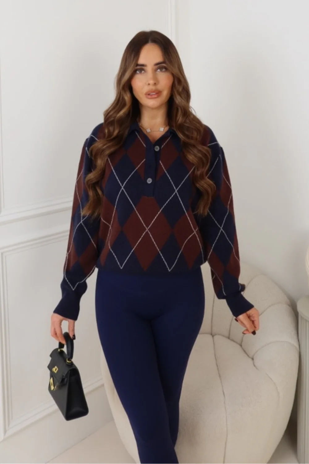 ARCHI CHOCOLATE CHECKERED BUTTONED UP COLLARED LONG SLEEVE TOP - Image 2