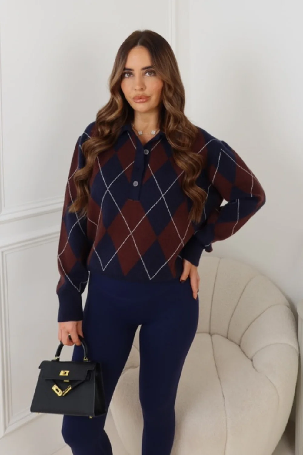 ARCHI CHOCOLATE CHECKERED BUTTONED UP COLLARED LONG SLEEVE TOP - Image 3