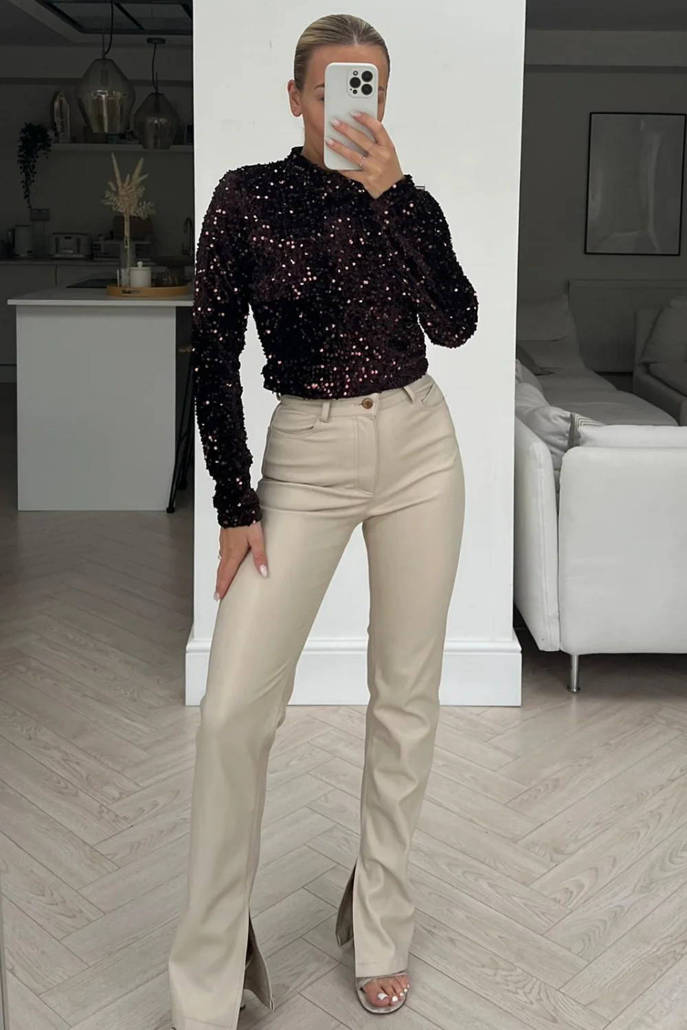 Aria Chocolate Sequin long sleeved crop top - Image 2