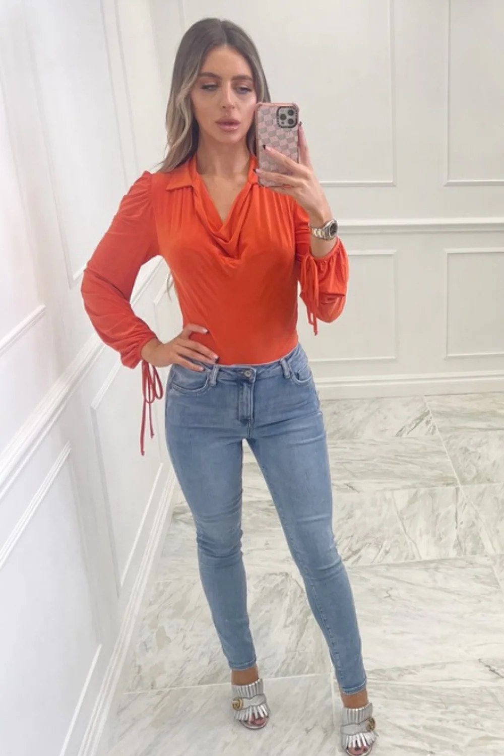 Aria orange cowl neck long sleeve bodysuit - Image 3