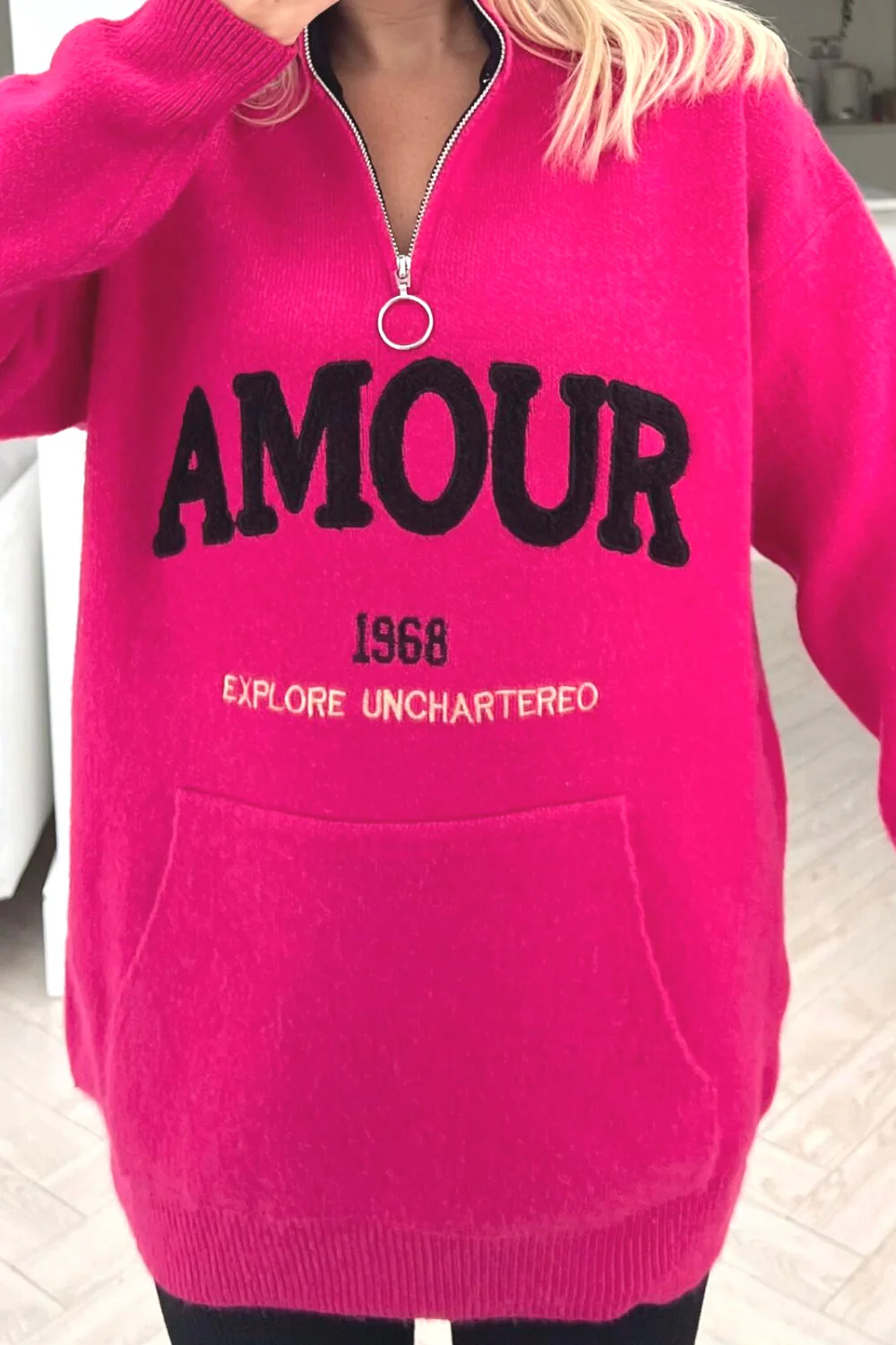 Amour Pink embroidered knitted 1/4 zip jumper - Image 3